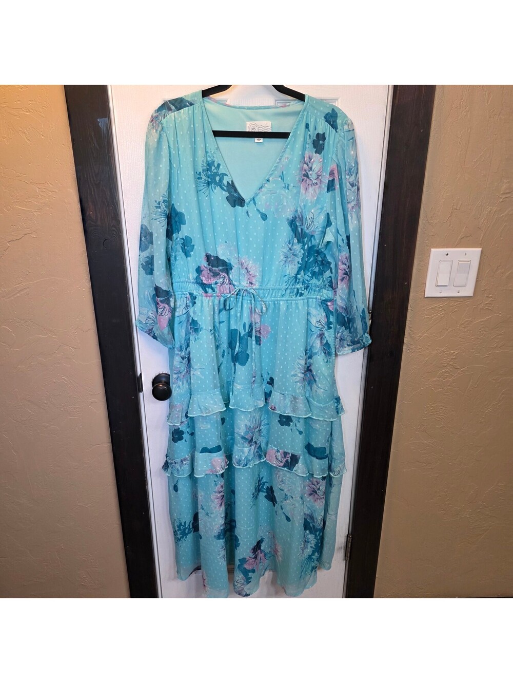Destination 365 Women's Light Blue Floral Maxi Dress with Ruffle Tiers- Large